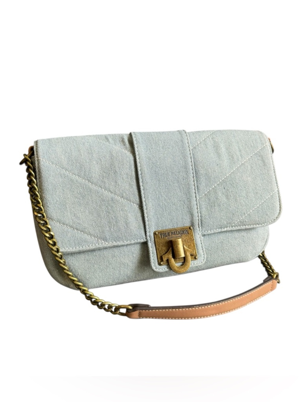 True Religion Loved Denim Shoulder Bag Y2K‎ Style Flap Purse Brass Chain Strap